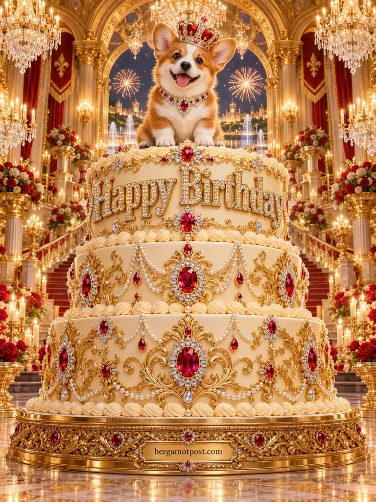 Happy Birthday Wishes Video — Corgi on a Golden Palace Cake