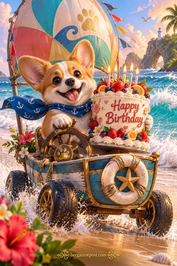 Animated Birthday Card — Corgi Sailing a Beach Buggy with a Strawberry Cake