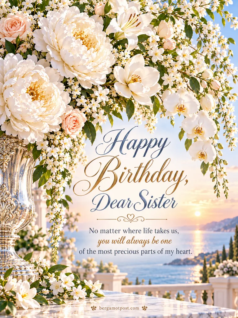Happy Birthday, Dear Sister Image with White Peonies, Heartfelt Wishes Inside