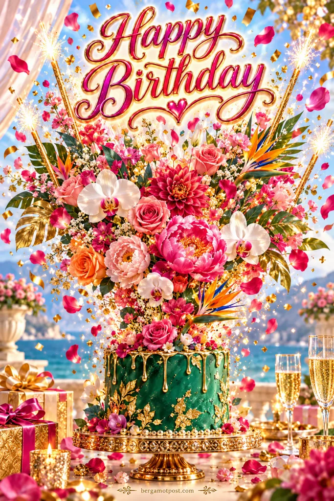 Happy Birthday Card — Emerald Cake with a Grand Bouquet and Sparklers