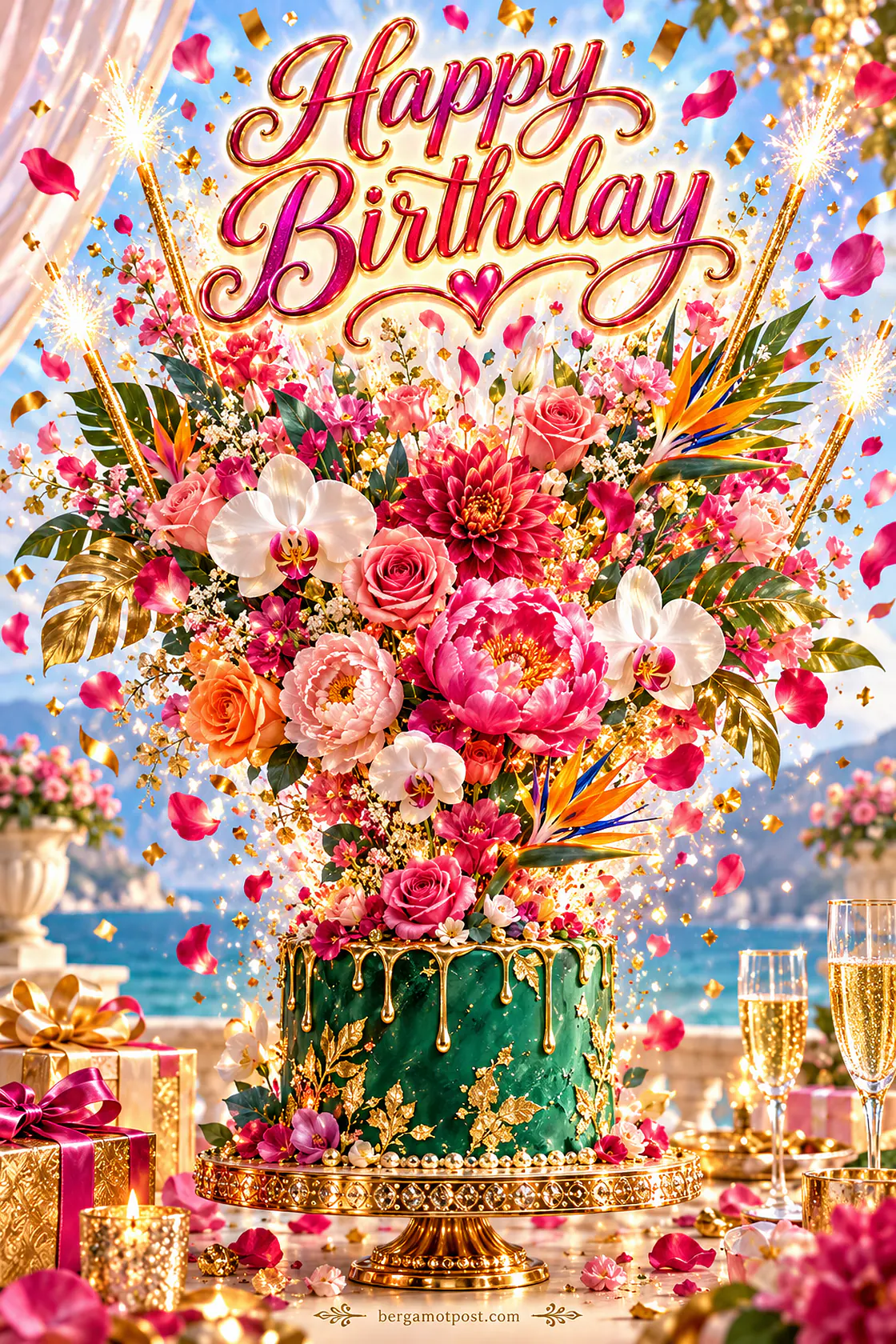 Happy Birthday Card — Emerald Cake with a Grand Bouquet and Sparklers