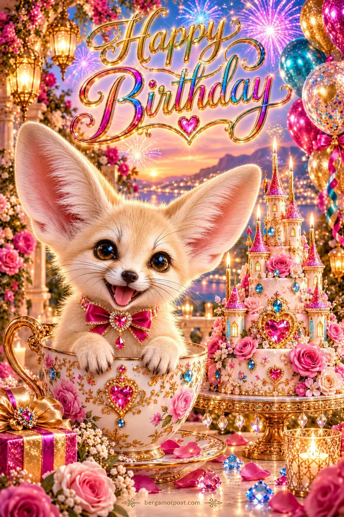 Animated Birthday Card — Fennec Fox in a Teacup and a Castle Cake