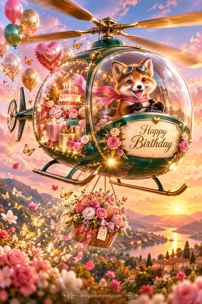Animated Happy Birthday Card — Fox Flying a Helicopter Full of Gifts