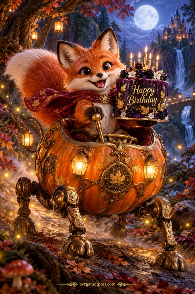 Fox Birthday Video Card — Enchanted Pumpkin Ride Under the Moon