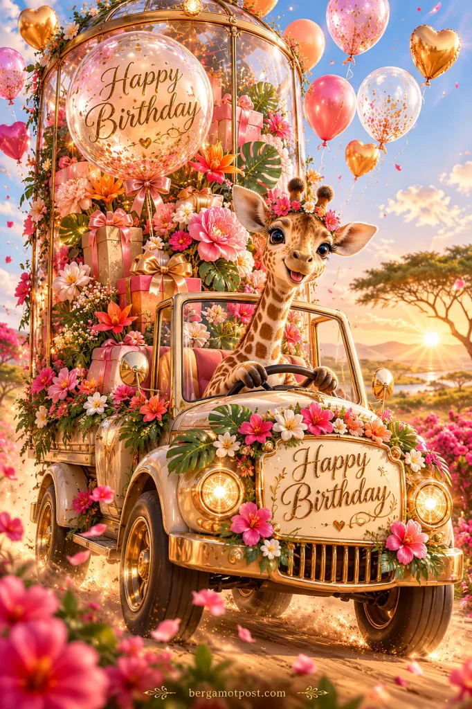 Video Birthday Card — Giraffe Driving a Flower Truck (Happy Birthday)