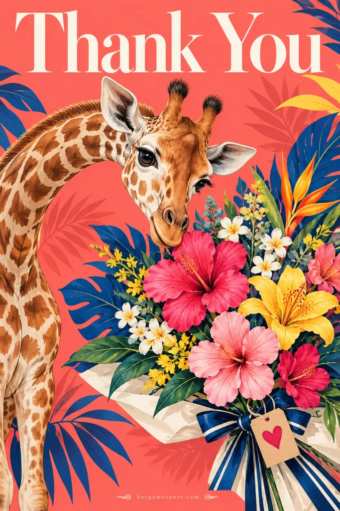 Thank You Card — Giraffe with Tropical Flowers