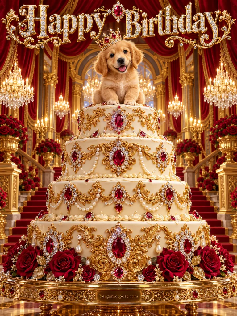 Animated Happy Birthday Wishes — Golden Retriever Puppy on a Ruby Cake