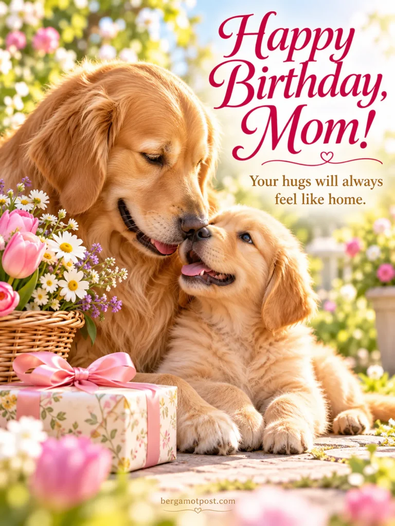 Happy Birthday Mom Wishes Image — Golden Retriever and Puppy