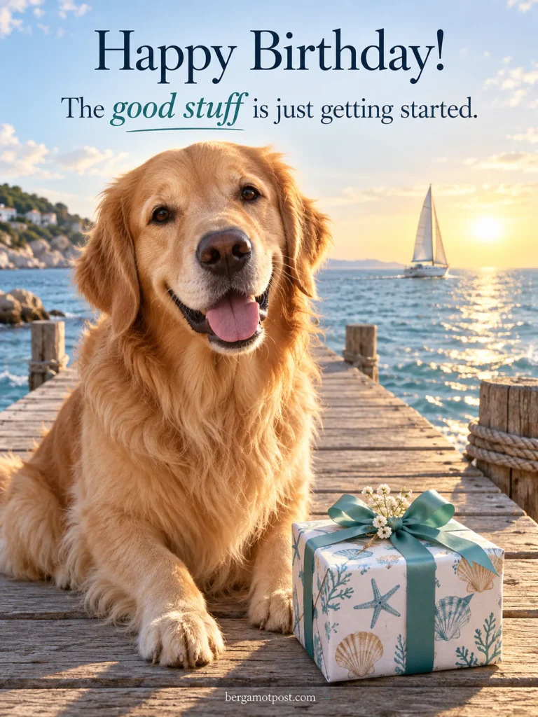 Happy Birthday Picture and Wishes — The Good Stuff Is Just Getting Started (Golden Retriever by the Sea)
