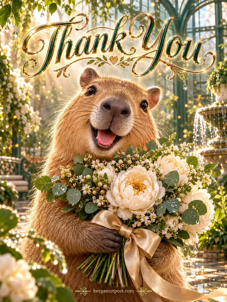Animated Thank You Card — Grateful Capybara with White Peonies