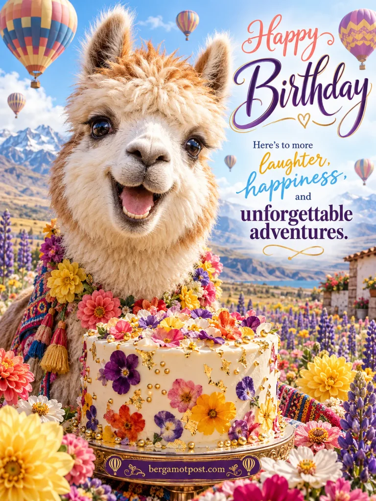 Happy Birthday Image with an Alpaca and Hot-Air Balloons
