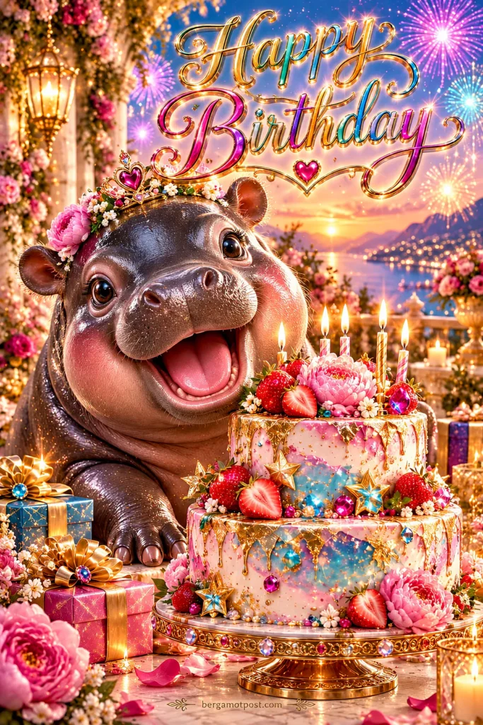 Video Birthday Card — Happy Birthday from a Baby Hippo with a Strawberry Cake