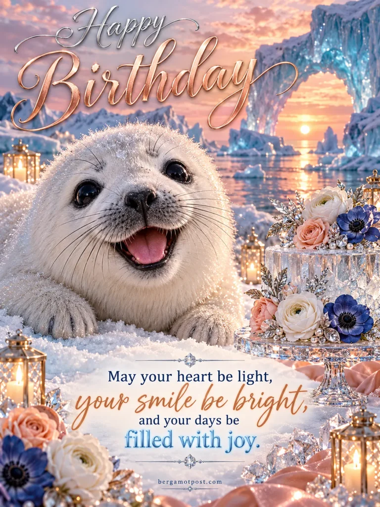 Happy Birthday Wishes Image with a Baby Seal at Sunset
