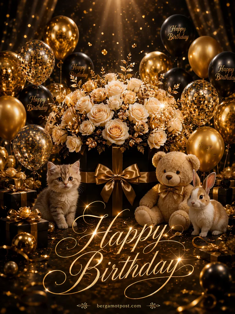 Black and Gold Animated Birthday Card — Champagne Roses, Kitten and Teddy