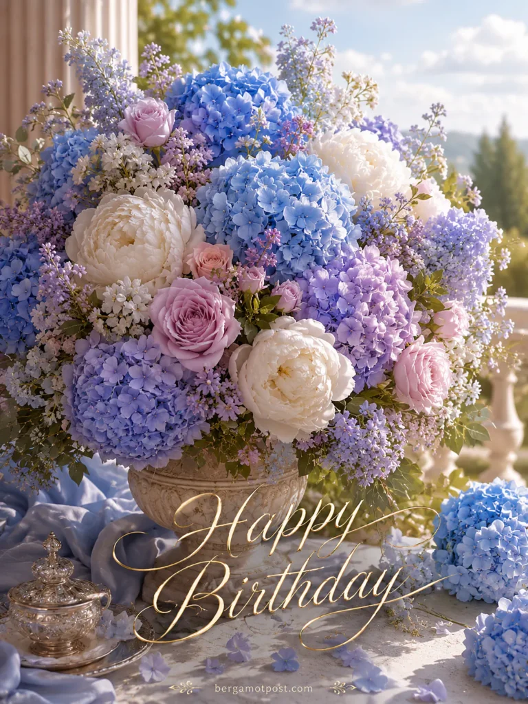 Happy Birthday Card — Blue Hydrangeas and White Peonies