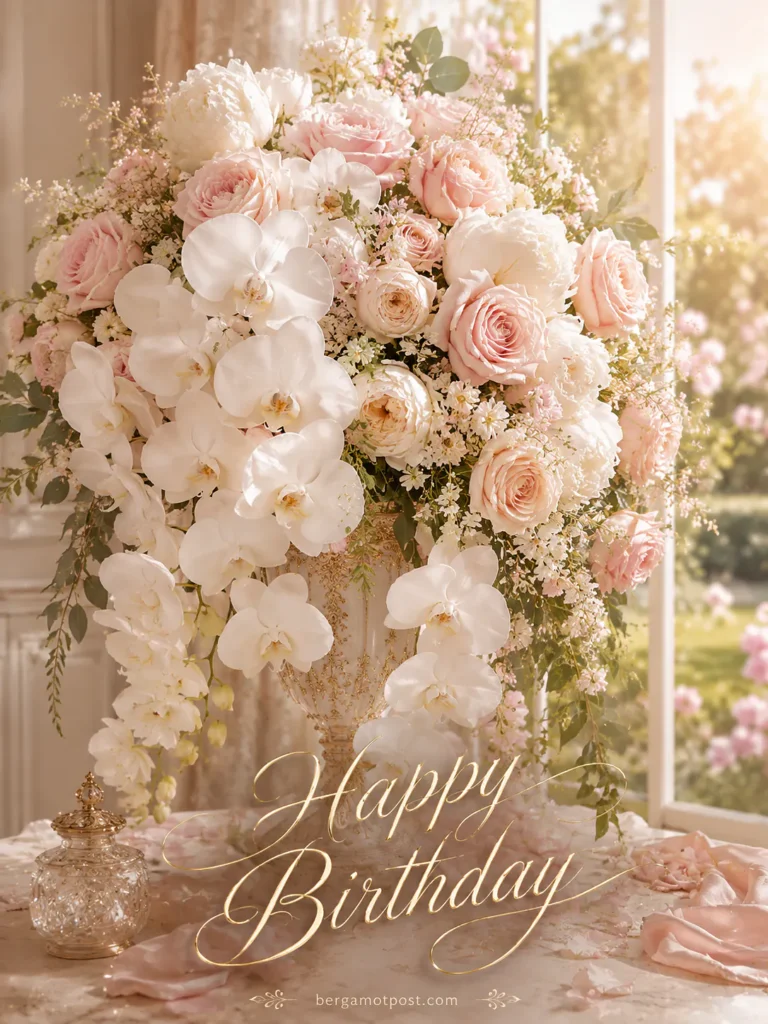 Elegant Birthday Card — Blush Roses and White Orchids