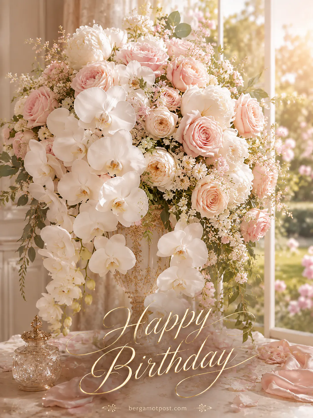Elegant Birthday Card — Blush Roses and White Orchids