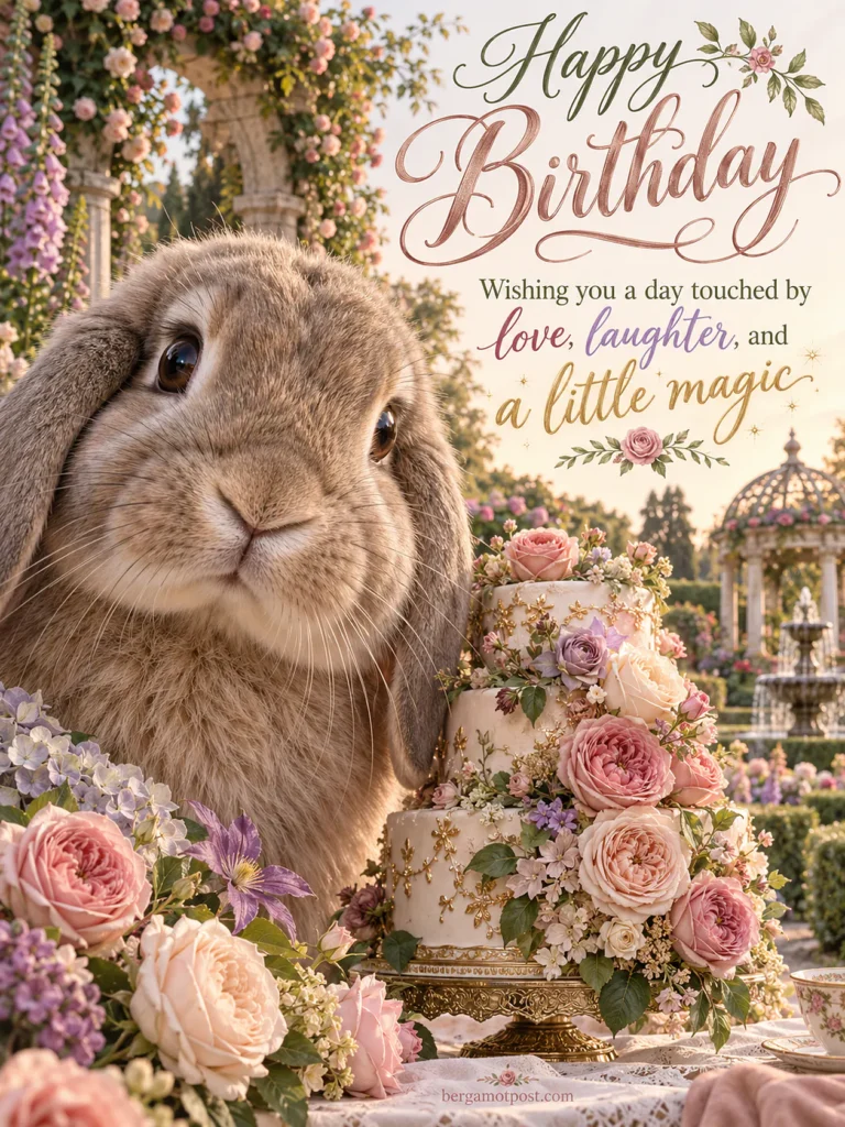 Happy Birthday Wishes Image with a Bunny in a Rose Garden