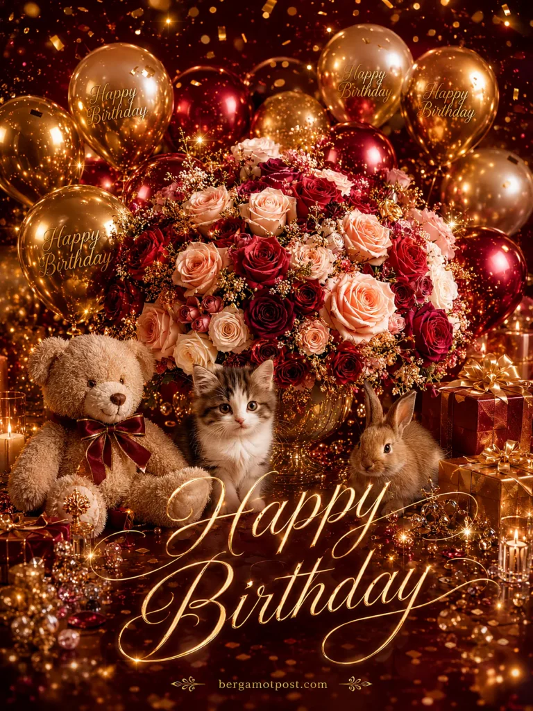 Happy Birthday Video Card in Burgundy and Gold — Teddy, Kitten and Bunny