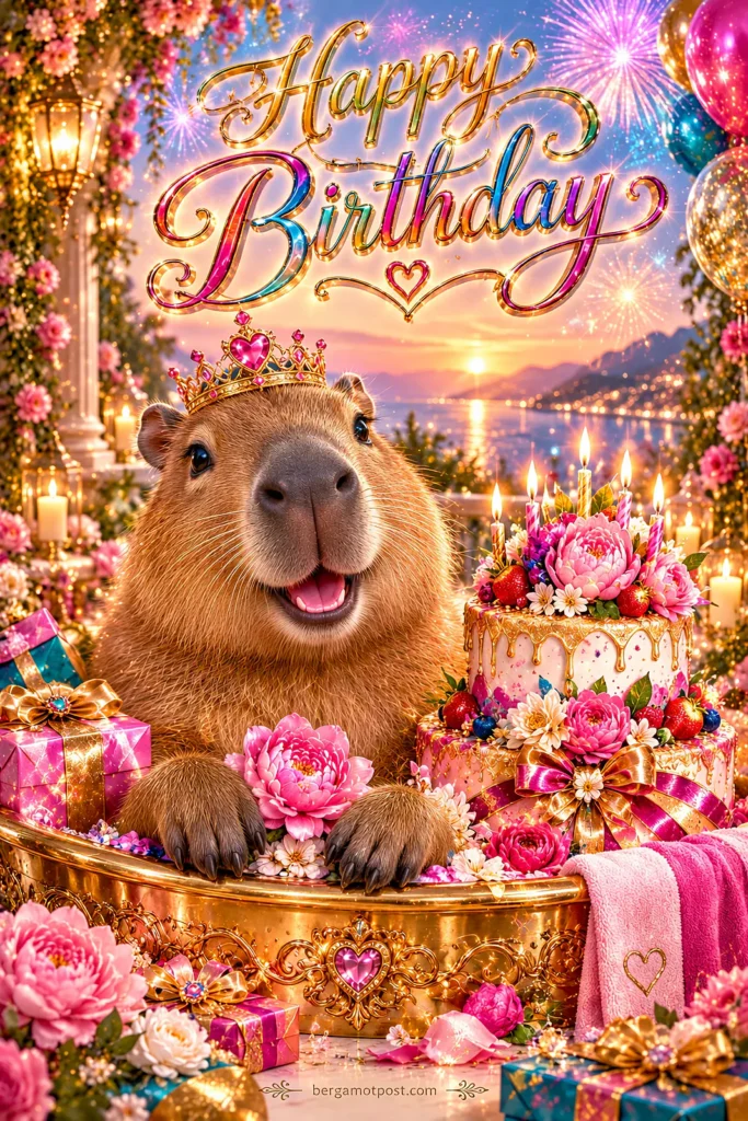 Animated Happy Birthday Card — Capybara in a Golden Bubble Bath
