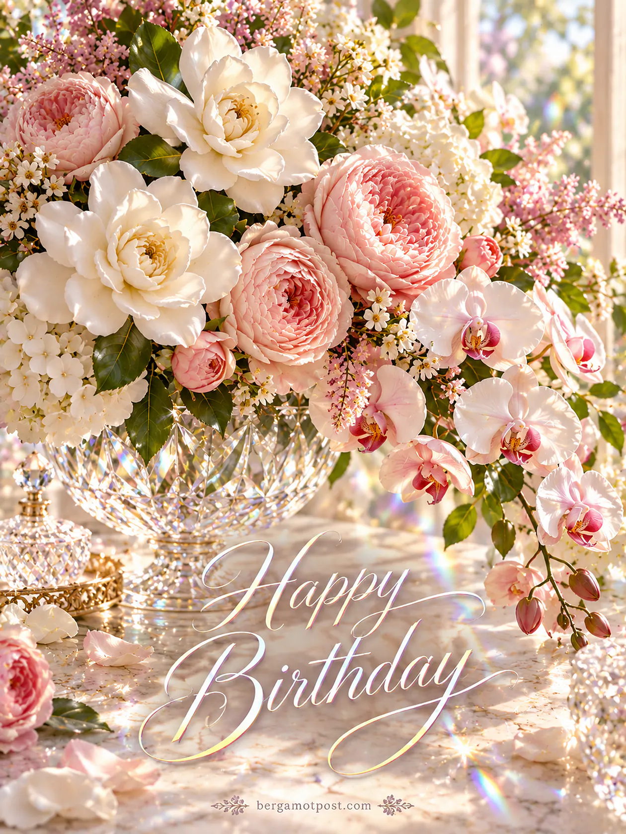 Happy Birthday Roses and Orchids in a Crystal Vase – Image and Wishes