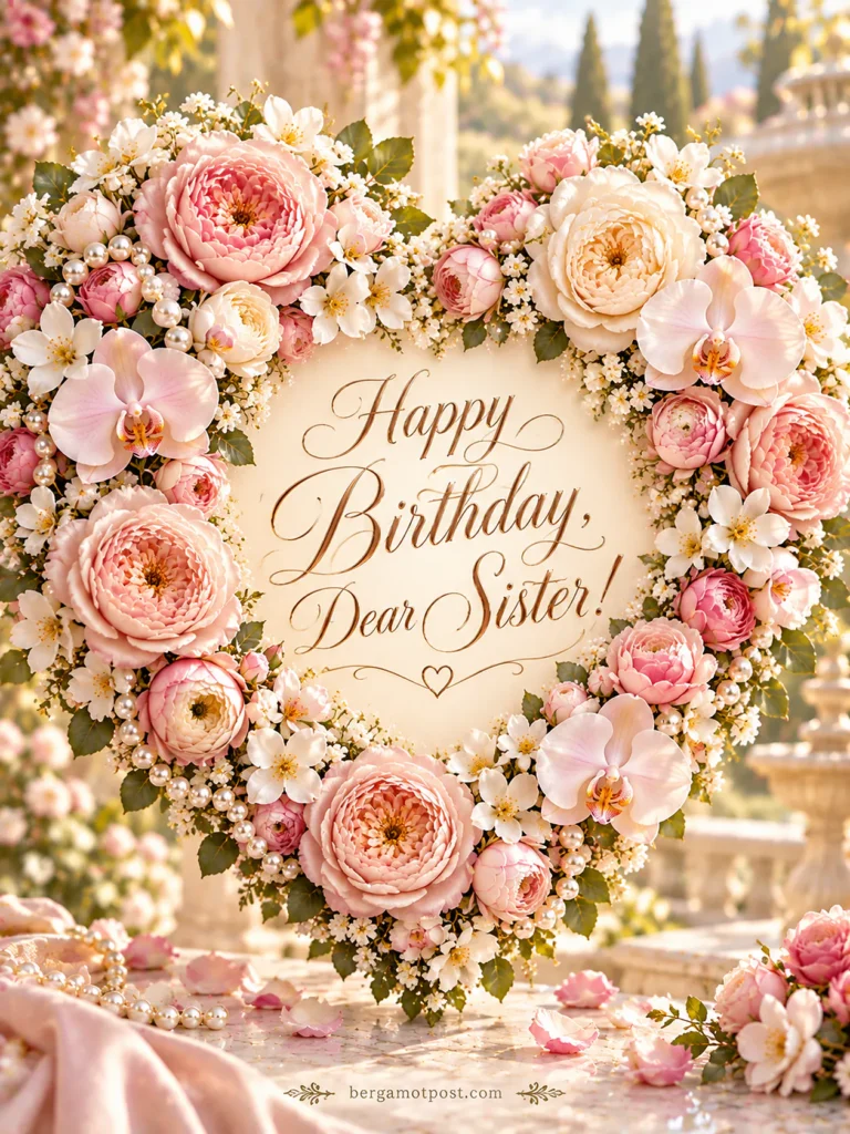 Happy Birthday, Dear Sister: Pink Rose Heart Wreath with Pearls