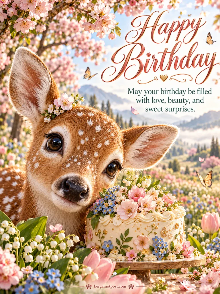 Happy Birthday Wishes Image with a Baby Deer in Spring Blossoms
