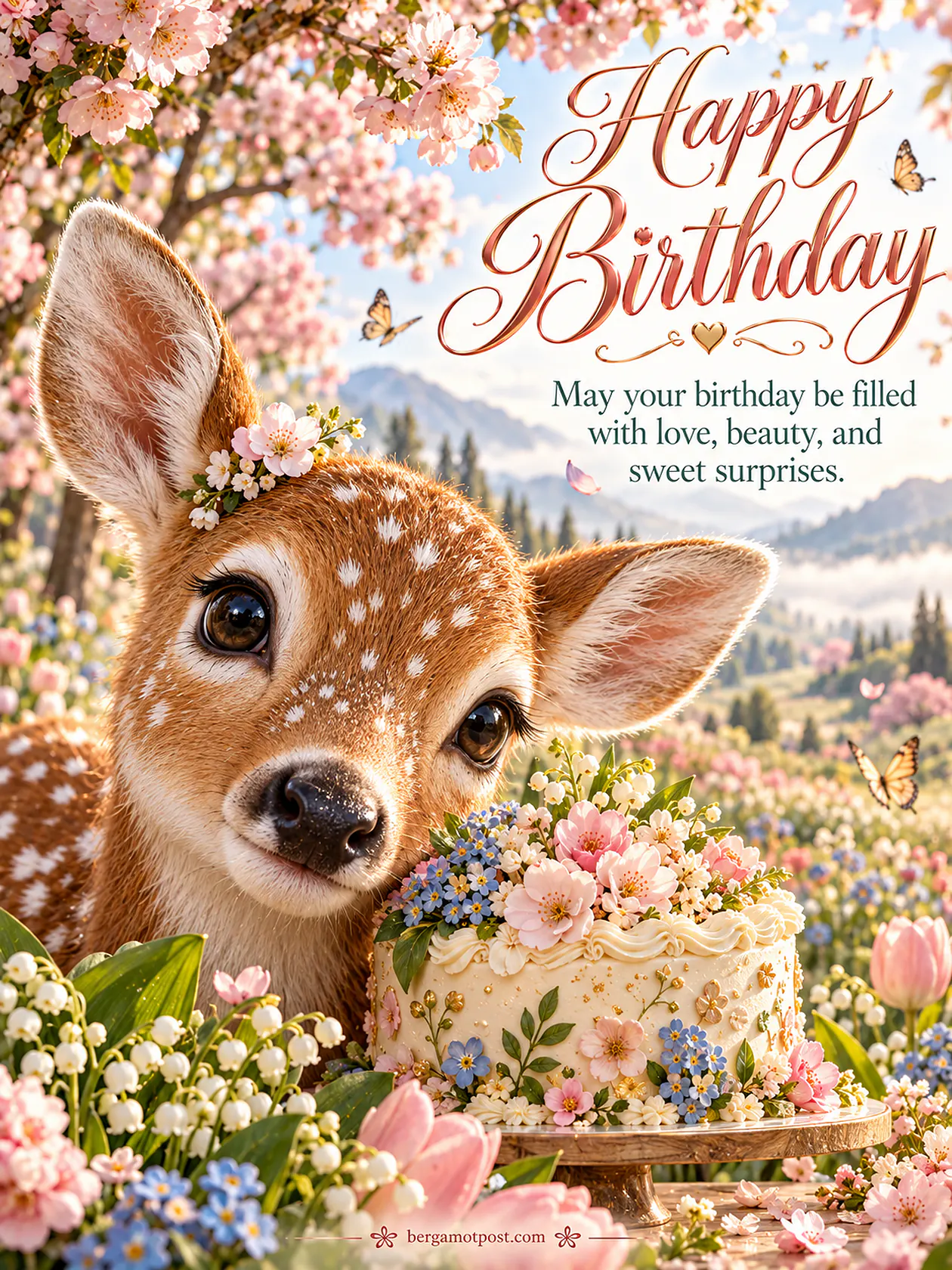 Happy Birthday Wishes Image with a Baby Deer in Spring Blossoms