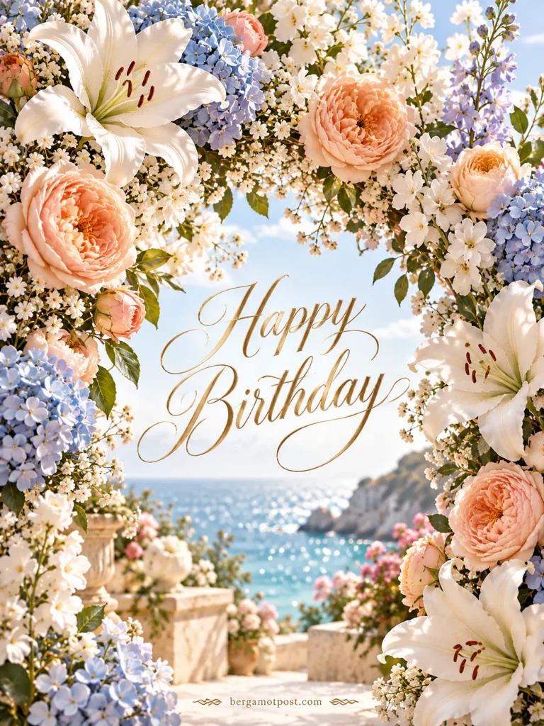 Happy Birthday Wishes Under a Flower Arch by the Sea