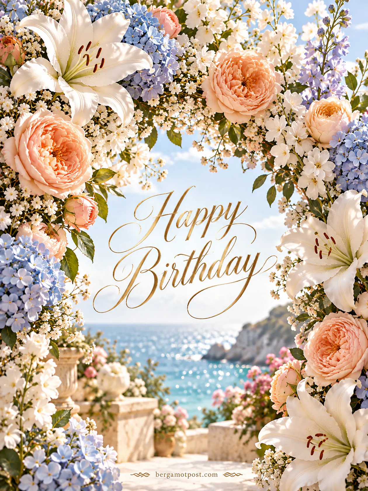 Happy Birthday Wishes Under a Flower Arch by the Sea