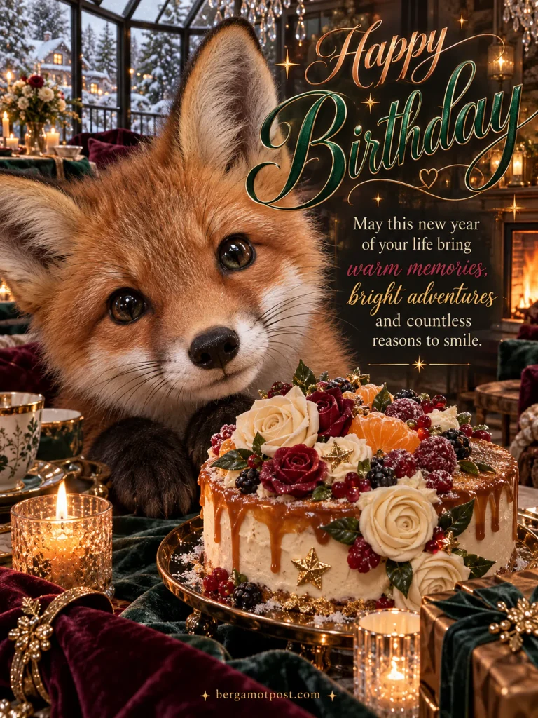 Happy Birthday Wishes Image with a Fox Cub by the Fireside