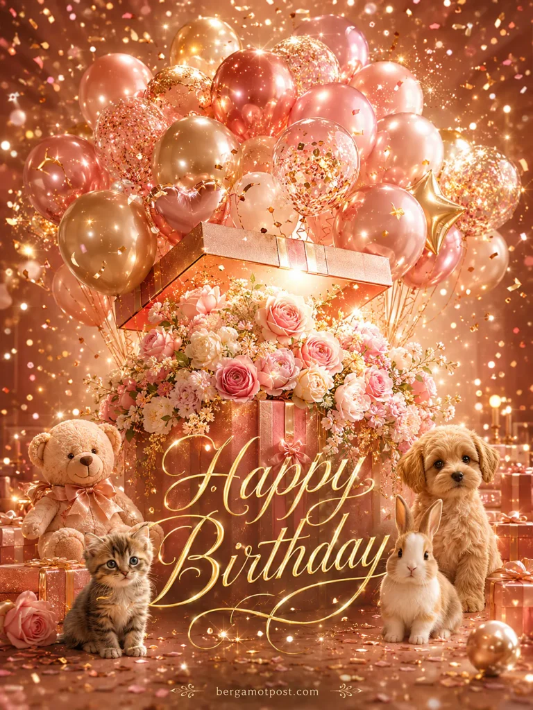 Happy Birthday Surprise Card — Gift Box Bursting with Balloons, Puppy, Kitten and Bunny