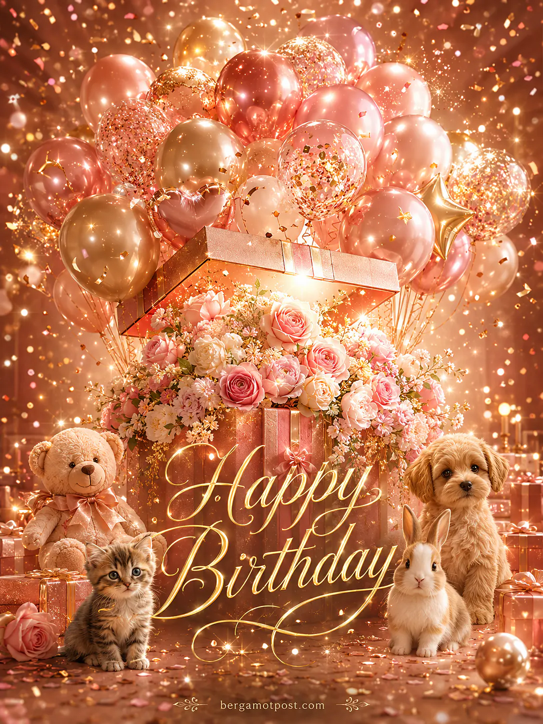 Happy Birthday Surprise Card — Gift Box Bursting with Balloons, Puppy, Kitten and Bunny