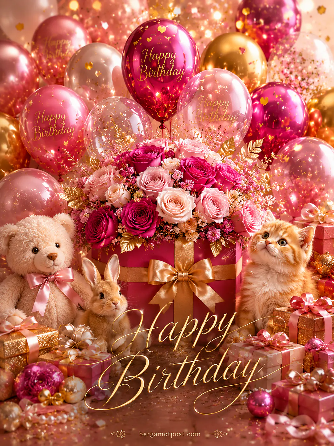 Birthday Card with a Ginger Kitten, Fuchsia Roses and Gold Balloons