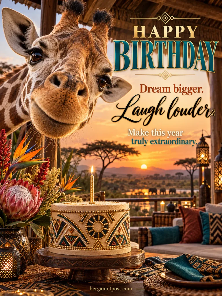 Happy Birthday Image with a Giraffe at a Safari Sunset