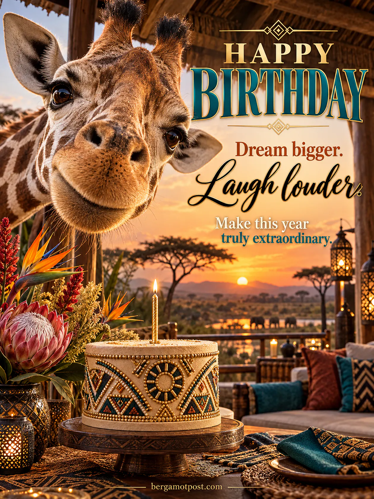Happy Birthday Image with a Giraffe at a Safari Sunset