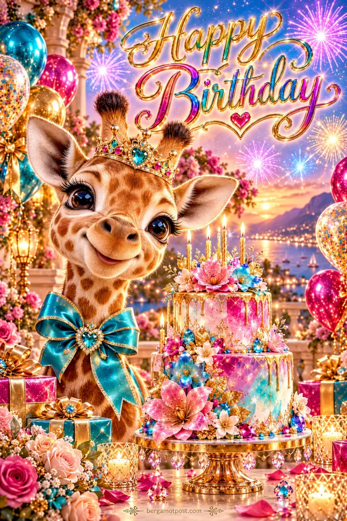 Happy Birthday Animated Card — Giraffe in a Crown with a Teal Bow