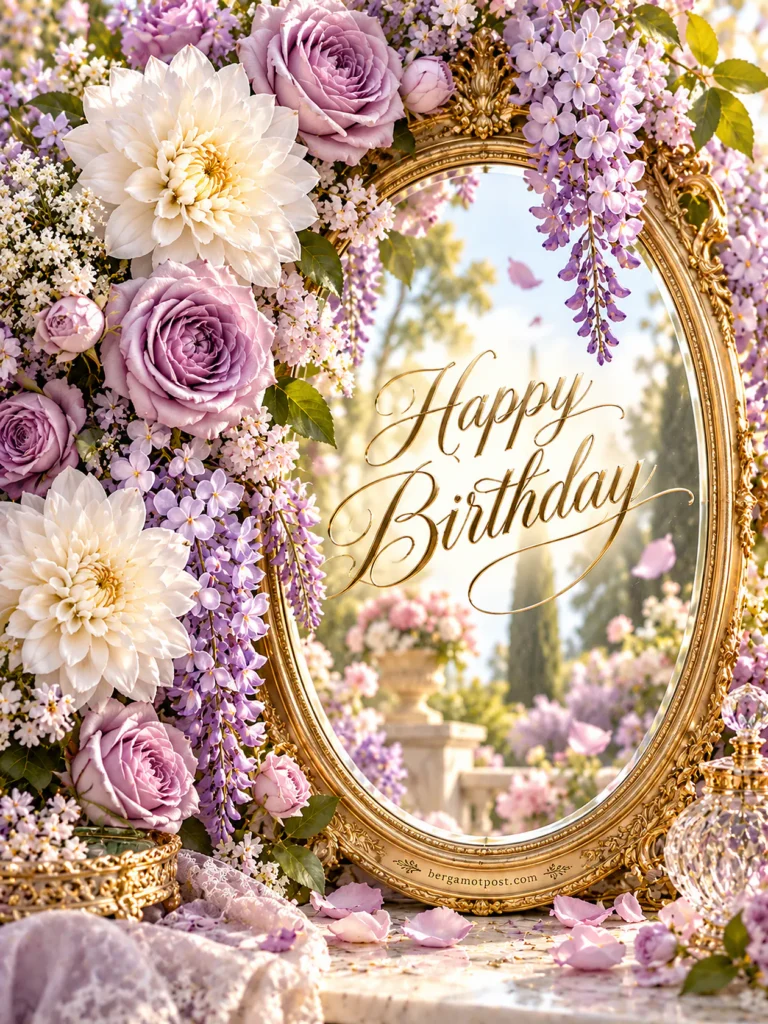 Happy Birthday Image in a Golden Mirror with Lilac Roses