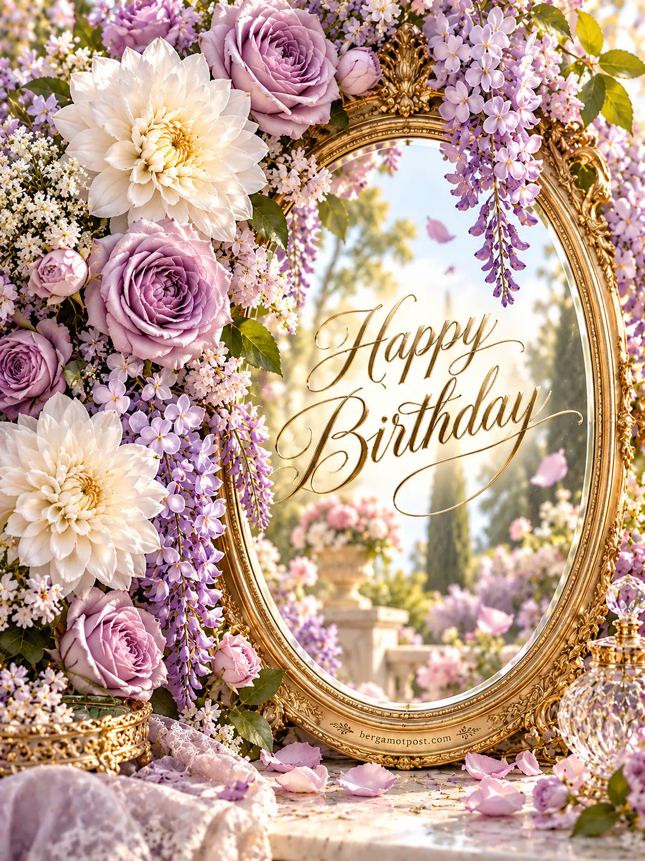 Happy Birthday Image in a Golden Mirror with Lilac Roses