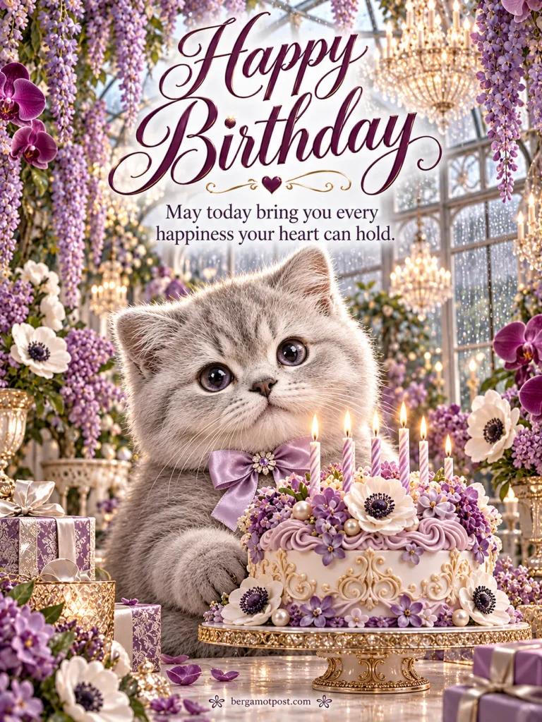Happy Birthday Image with a Gray Kitten and Wisteria