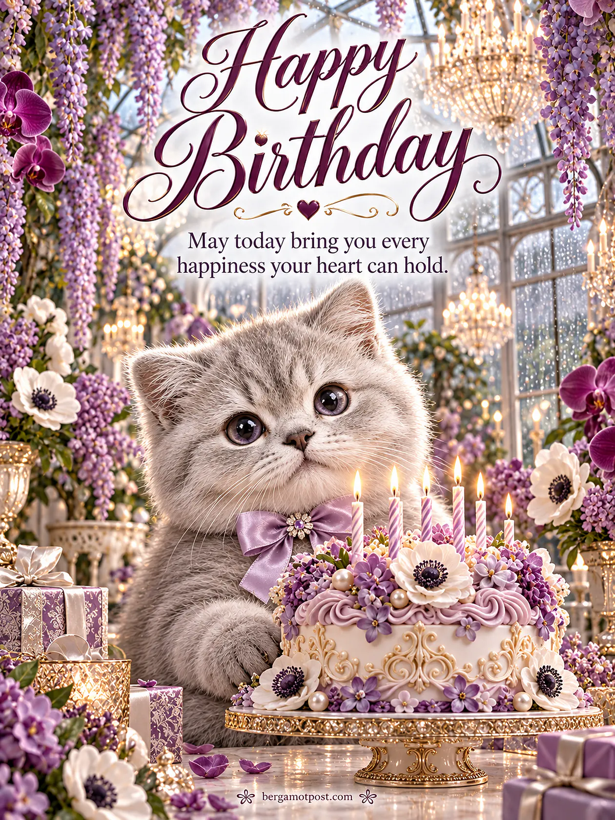 Happy Birthday Image with a Gray Kitten and Wisteria