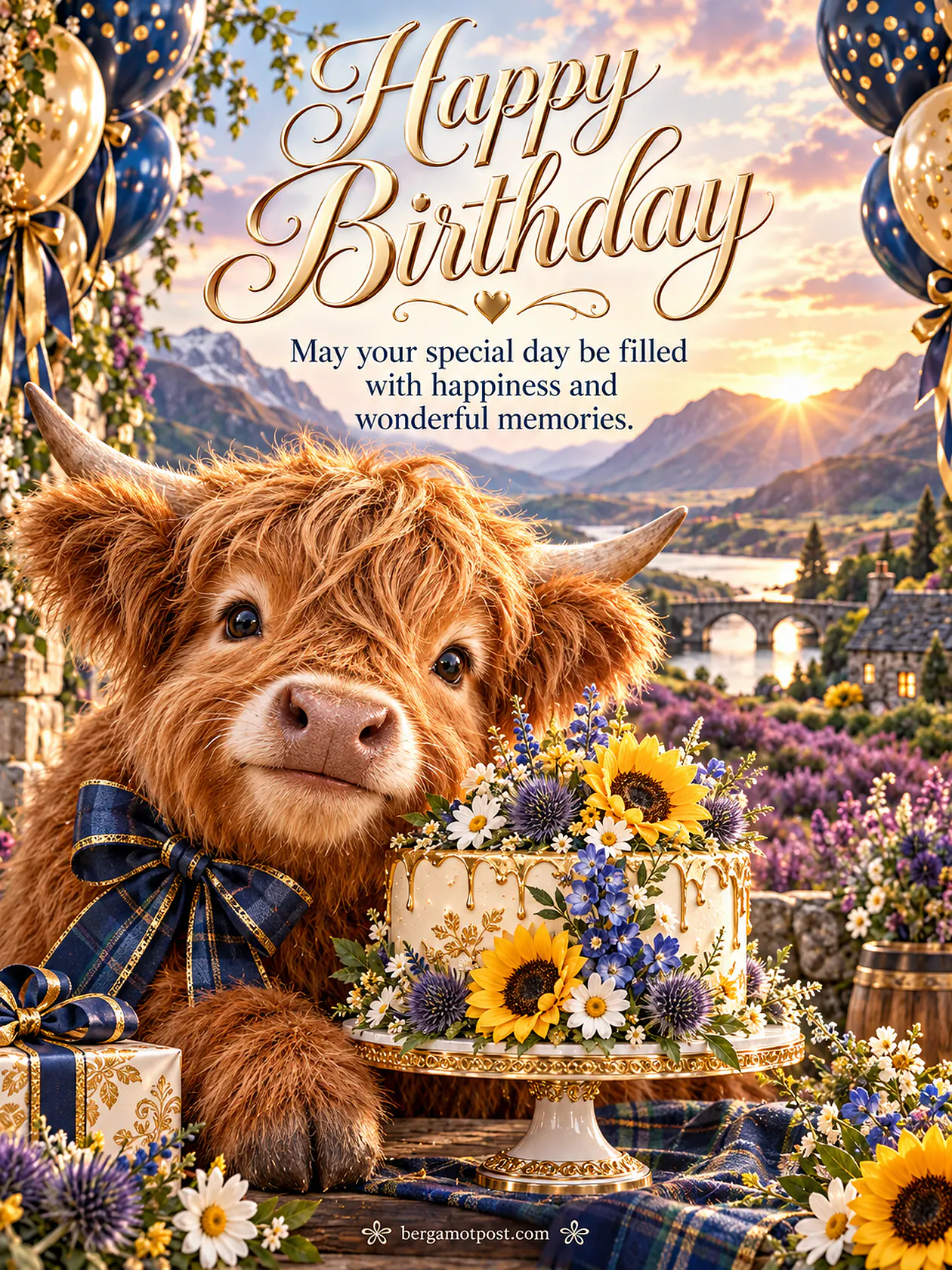 Happy Birthday Wishes Image with a Highland Calf and Sunflowers