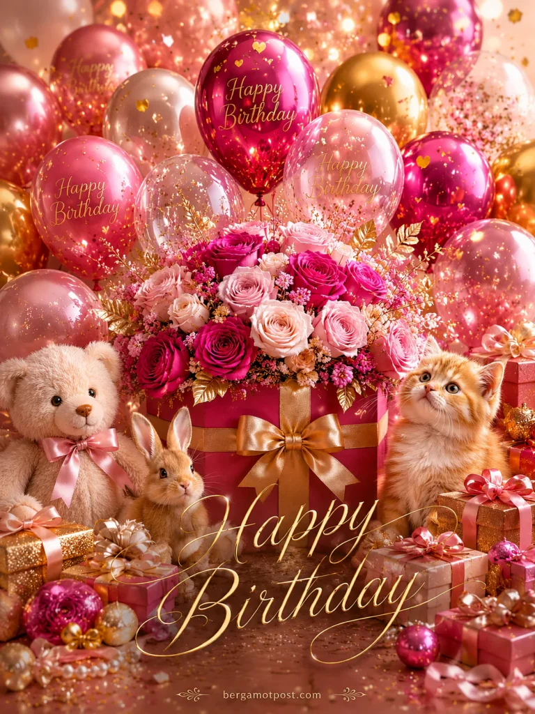 Hot Pink Birthday Card (Animated) — Roses, Ginger Kitten and Confetti Surprise