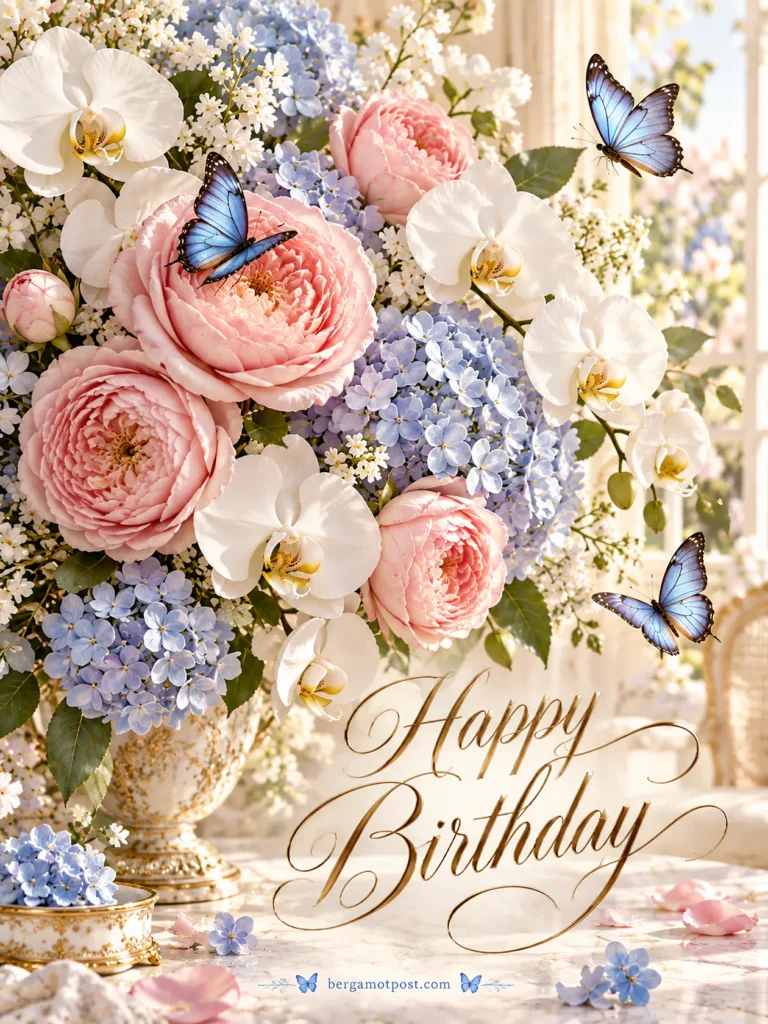 Happy Birthday Flowers Image with Blue Butterflies
