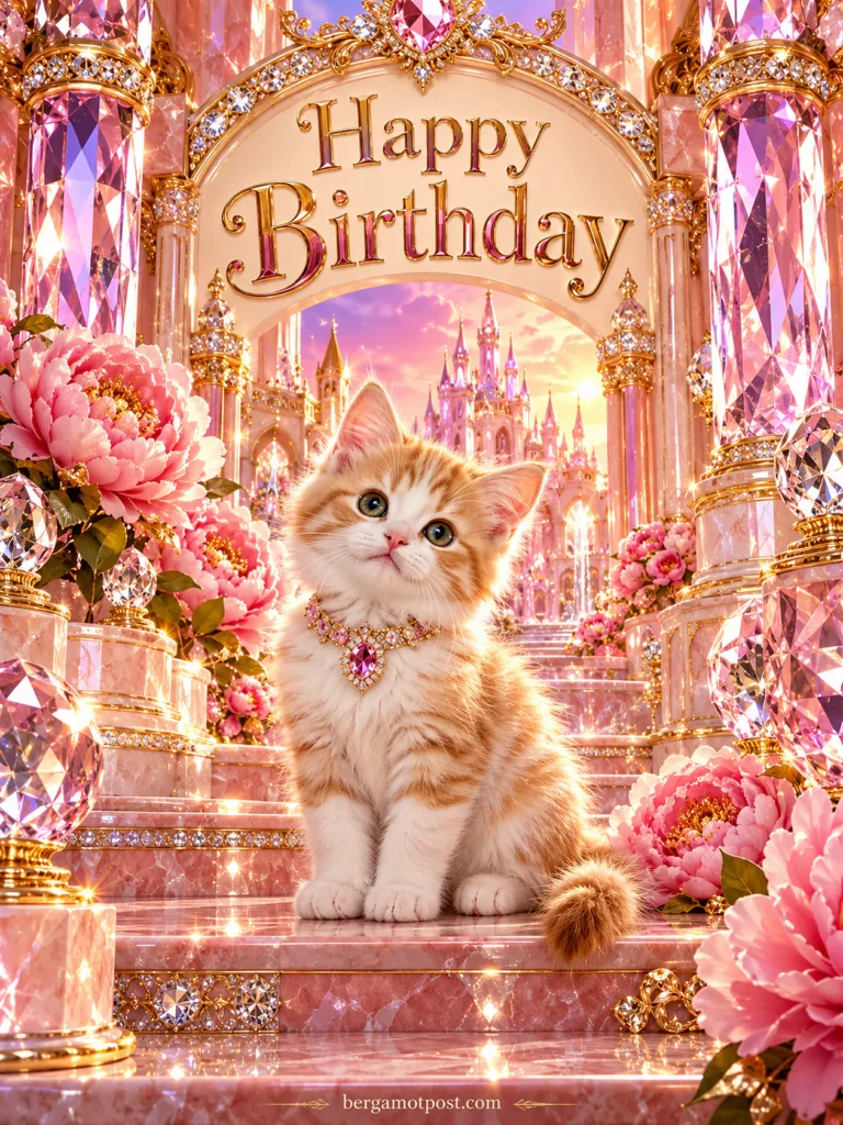 Happy Birthday Image — Ginger Kitten in a Pink Crystal Palace