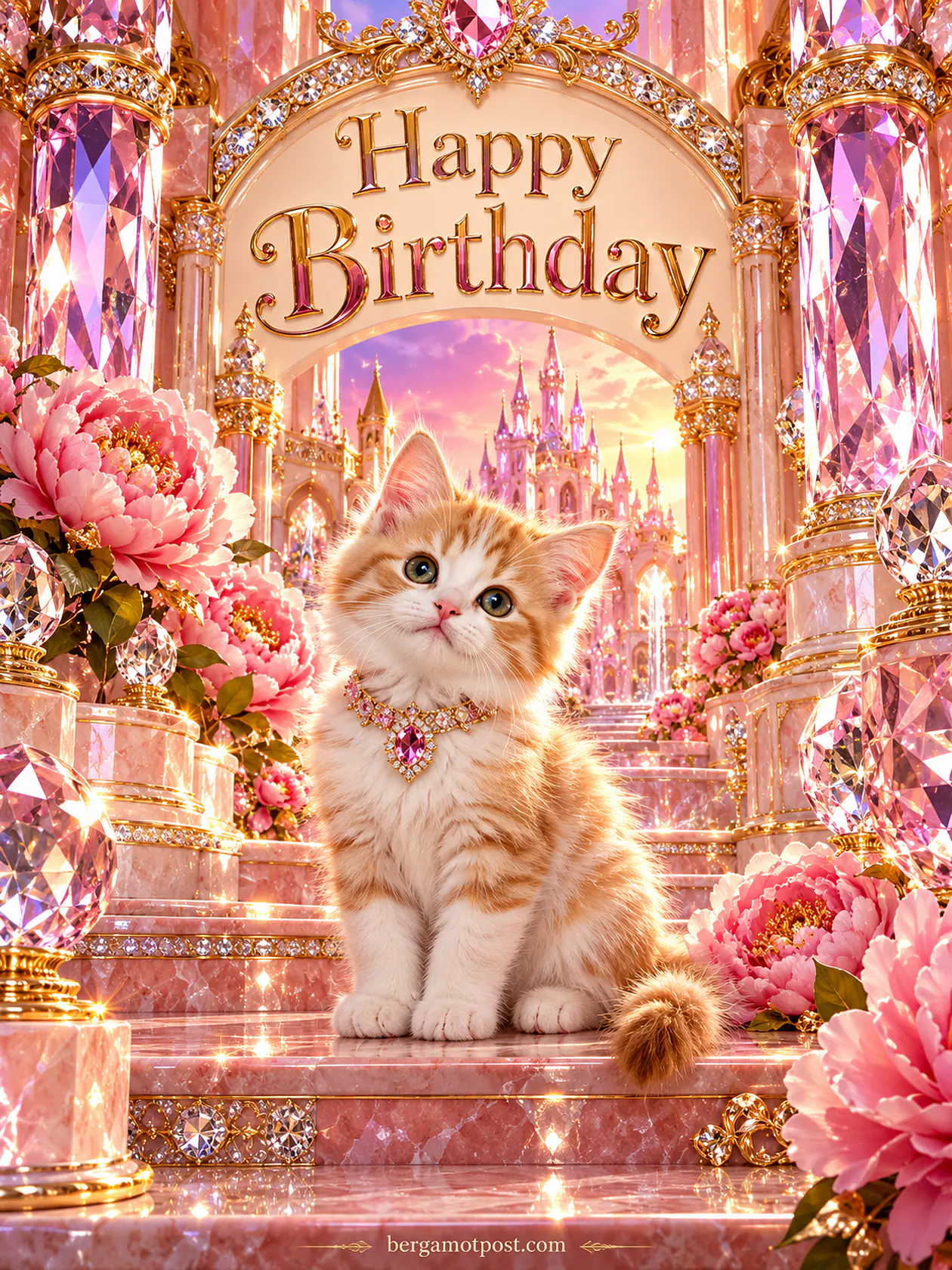 Happy Birthday Image — Ginger Kitten in a Pink Crystal Palace