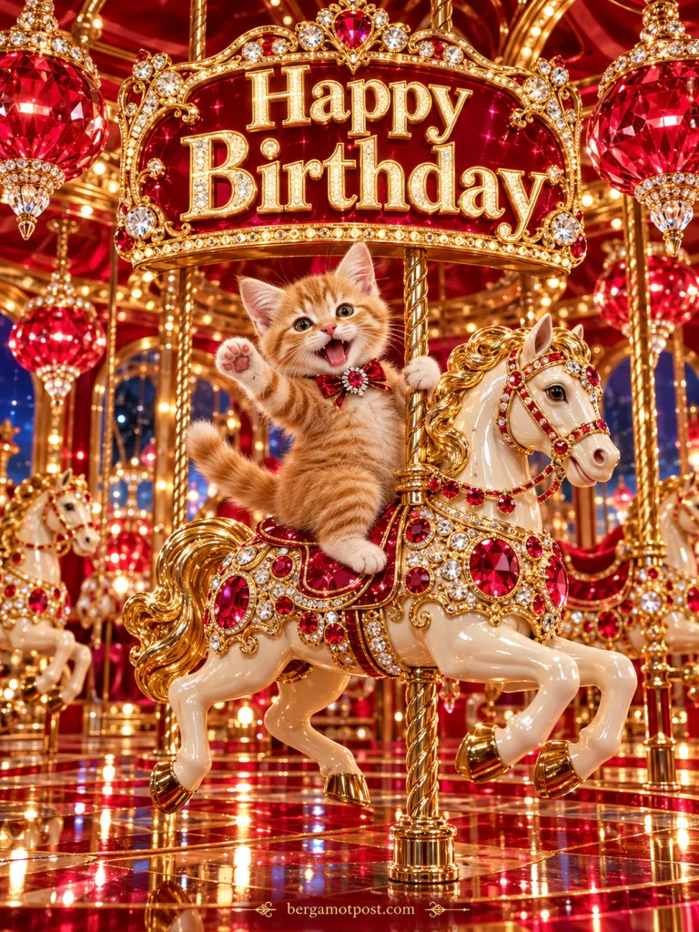 Happy Birthday Image — Kitten on a Ruby Carousel