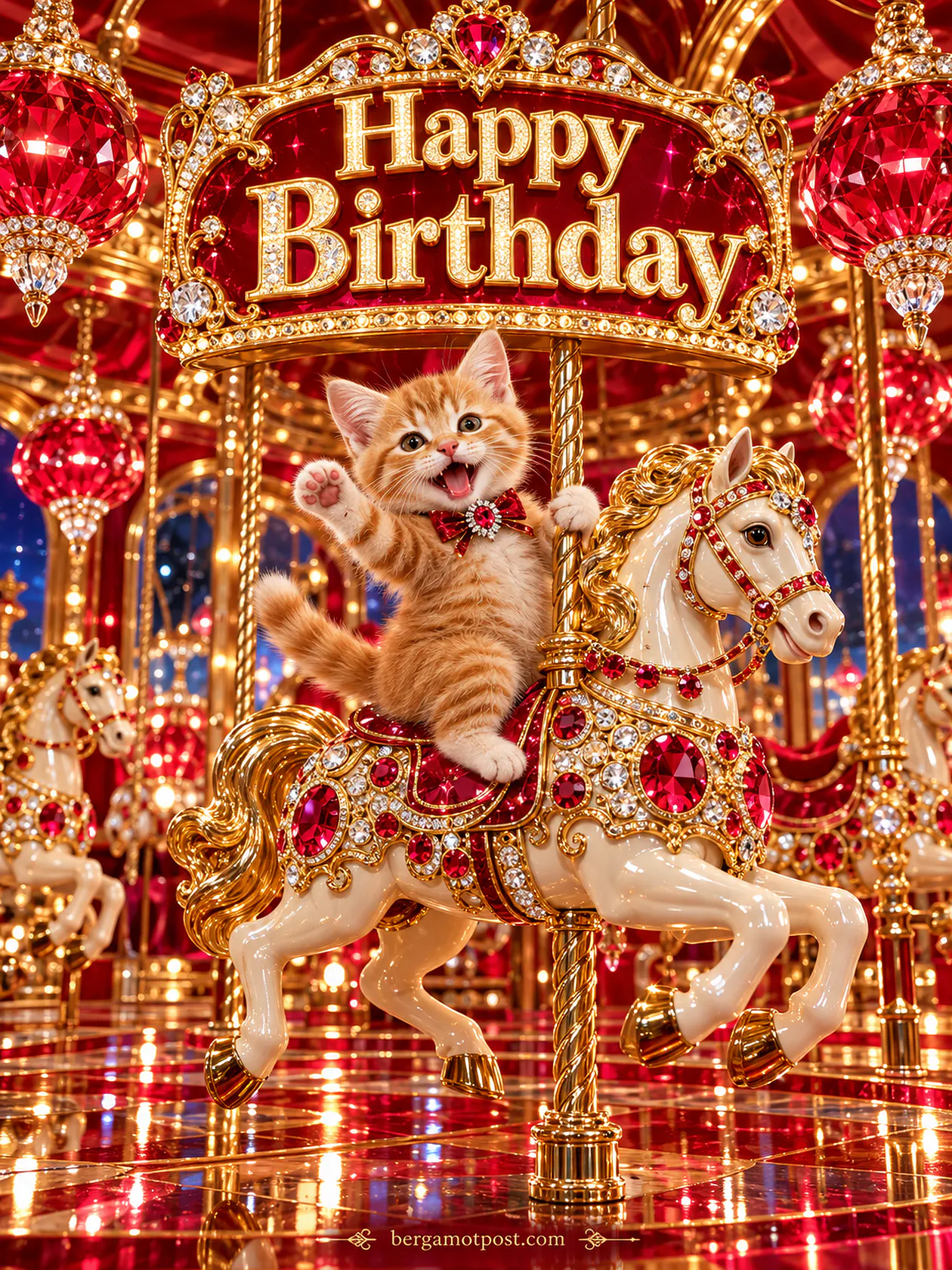 Happy Birthday Image — Kitten on a Ruby Carousel