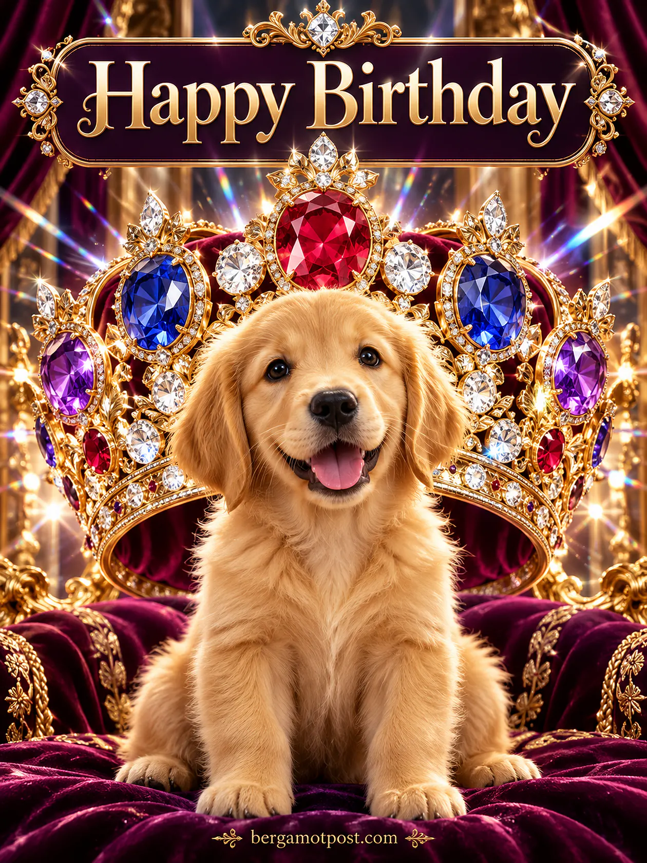 Happy Birthday Image — Golden Puppy with a Royal Crown
