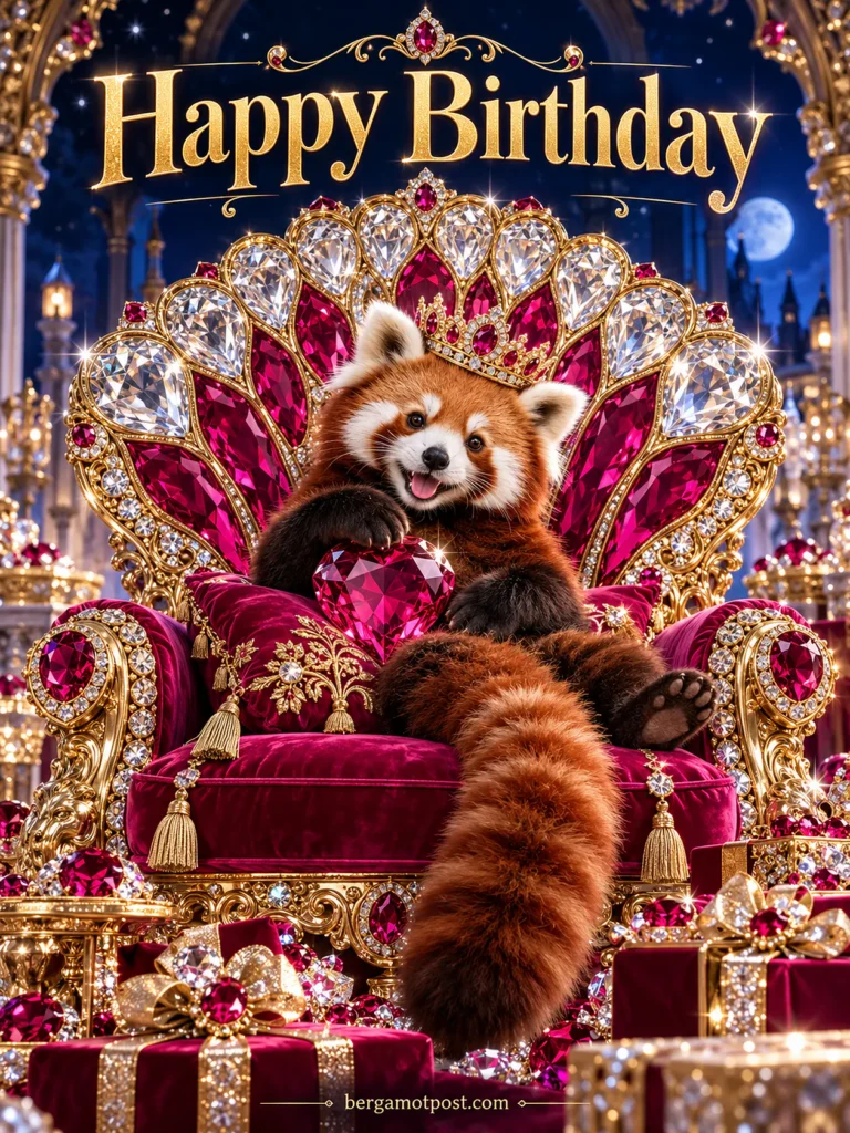 Happy Birthday Image — Red Panda on a Ruby Throne